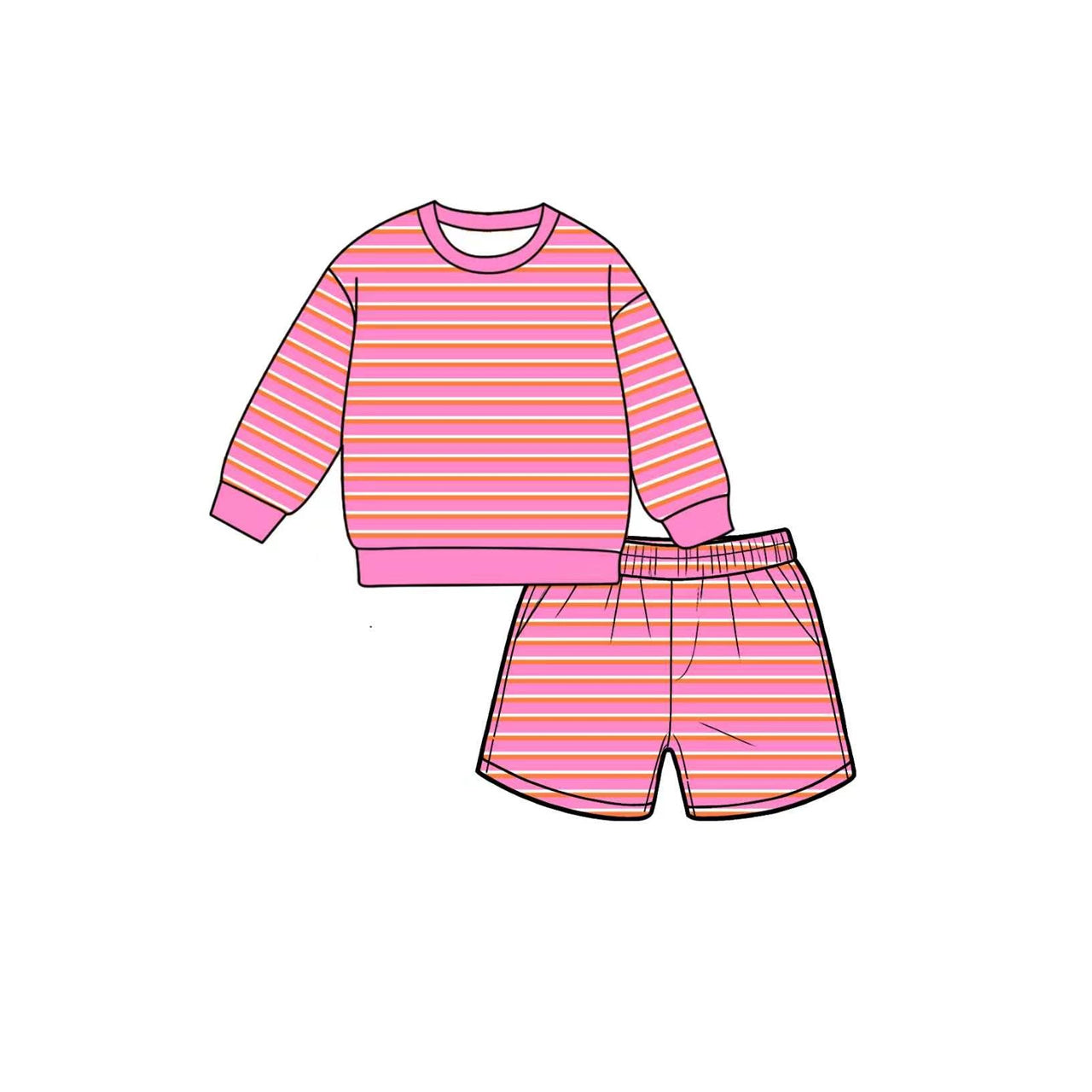 7.6 Preorder GLS0124 Kids Girls Pink Striped Long Sleeve Top with Shorts Outfit