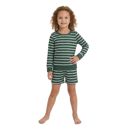 GLS0128 Green Stripes Girls Long Sleeve Top Pockets Shorts Kids Yoga Outfits