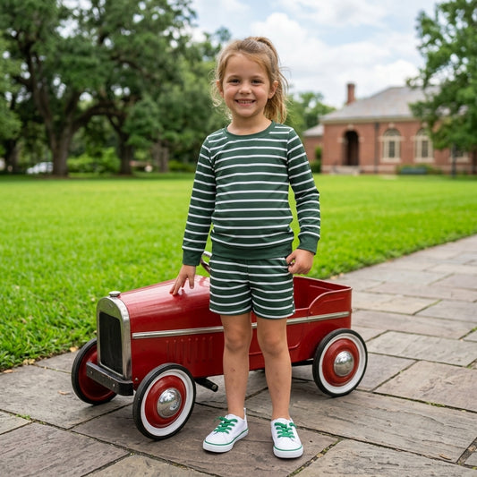GLS0128 Green Stripes Girls Long Sleeve Top Pockets Shorts Kids Yoga Outfits