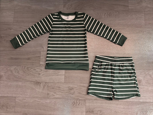 7.6 Preorder GLS0128 Kids Girls Green Striped Long Sleeve Top with Shorts Outfit
