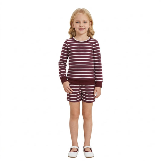 GLS0130 Wine Stripes Girls Long Sleeve Top Pockets Shorts Kids Yoga Clothes Set