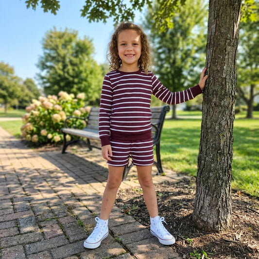 GLS0130 Wine Stripes Girls Long Sleeve Top Pockets Shorts Kids Yoga Clothes Set