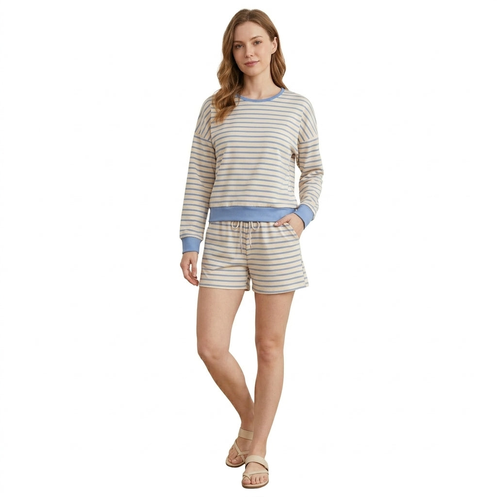GLS0138 Adult Blue Yellow Striped Woman Long Sleeve Top Pockets Shorts Yoga Outfits