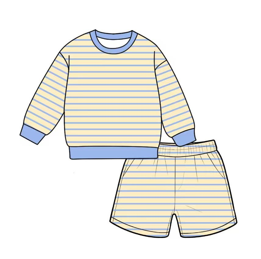 7.6 Preorder Adult Women Blue Yellow Striped Long Sleeve Top with Shorts Outfit