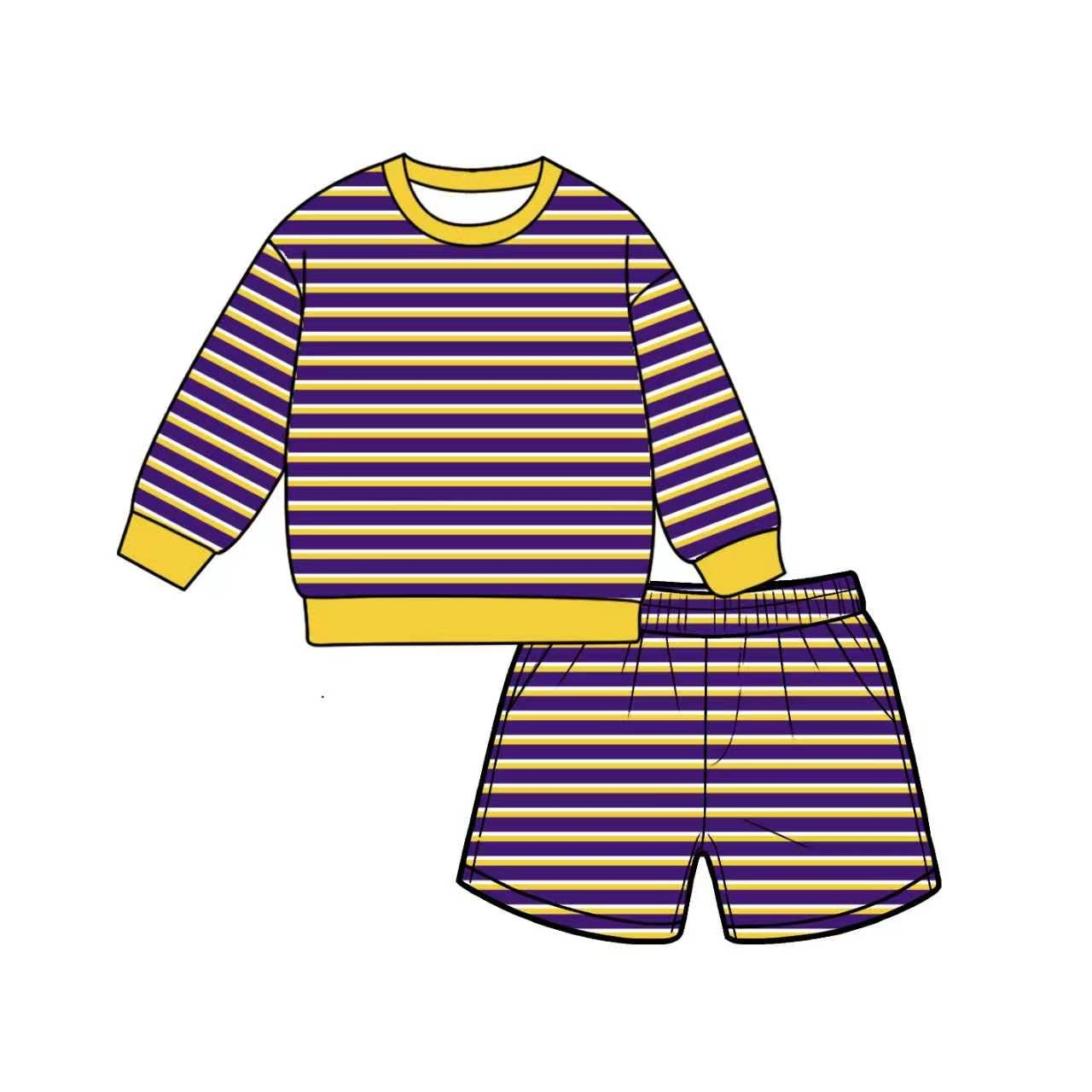 7.6 Preorder Adult Women Purple Yellow Striped Long Sleeve Top with Shorts Outfit