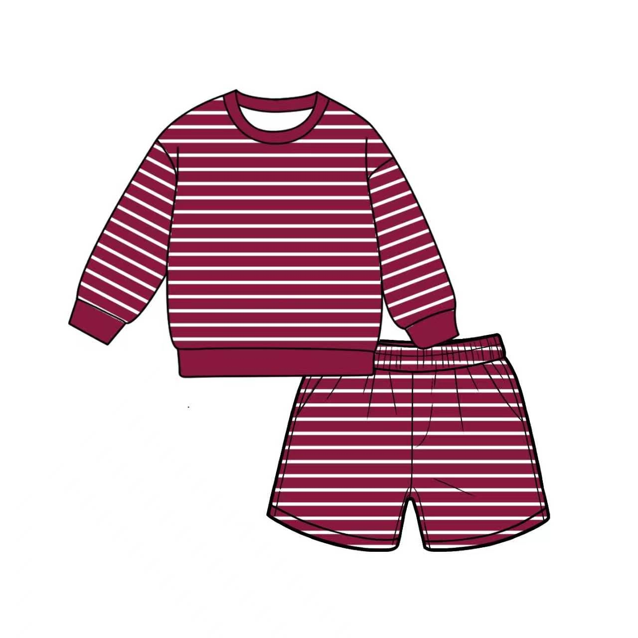 7.6 Preorder Adult Women Dark Red Striped Long Sleeve Top with Shorts Outfit