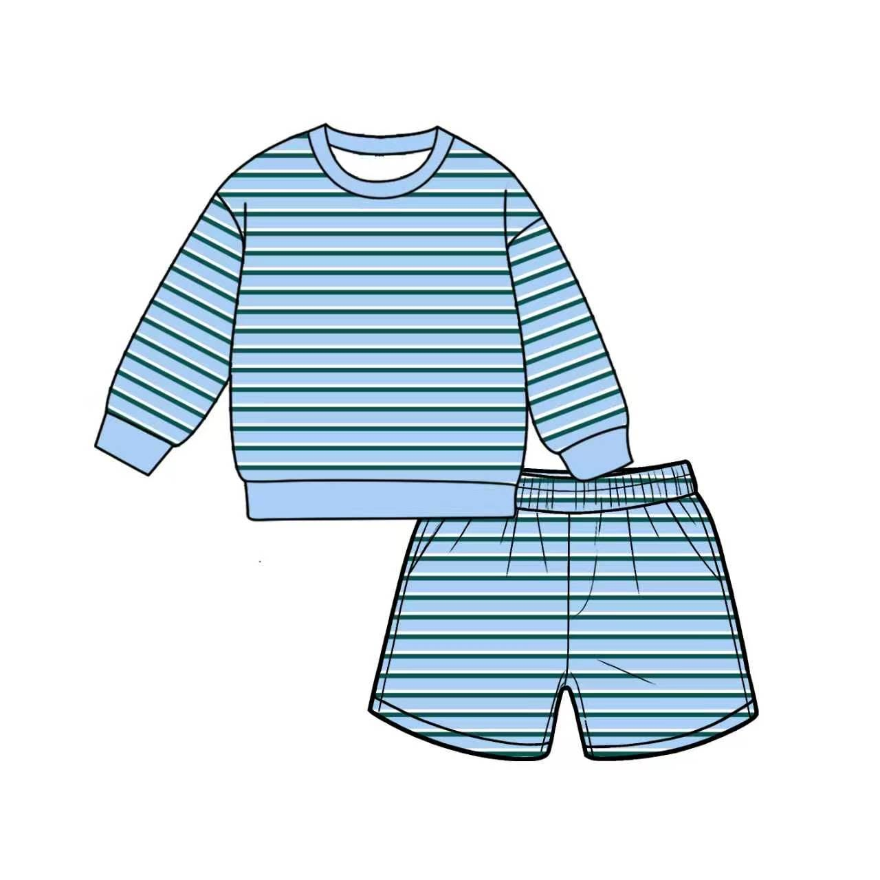 7.6 Preorder Adult Women Blue Striped Long Sleeve Top with Shorts Outfit
