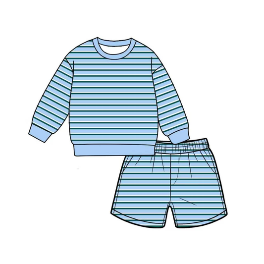 7.6 Preorder Adult Women Blue Striped Long Sleeve Top with Shorts Outfit