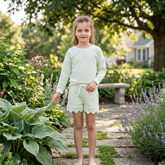 GLS0154 Light Green Stripes Girls Long Sleeve Top Scallop Shorts Active Outfit