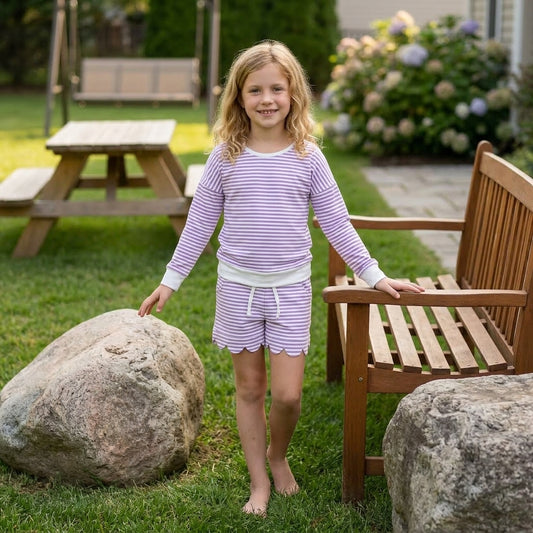GLS0155 Light Purple Stripes Girls Long Sleeve Top Scallop Shorts Active Outfit