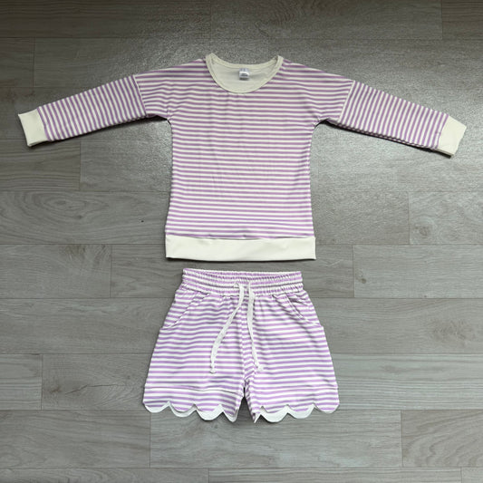 7.6 Preorder  Kids Girls Light Purple Long Sleeve Top with Shorts Outfit