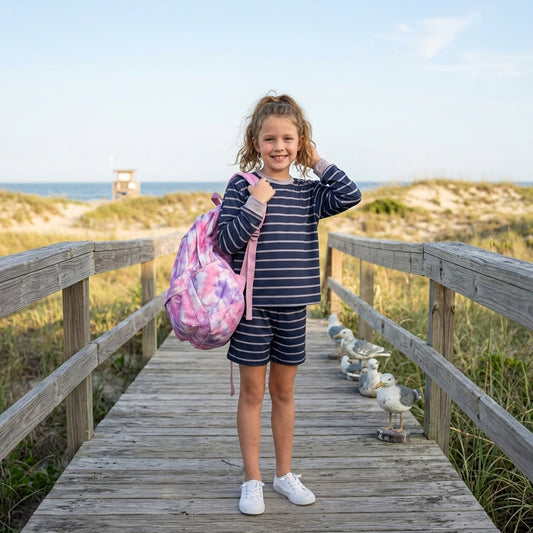 GLS0158 Navy Grey Stripes Print Long Sleeve Top Shorts Kids Yoga Clothes Set