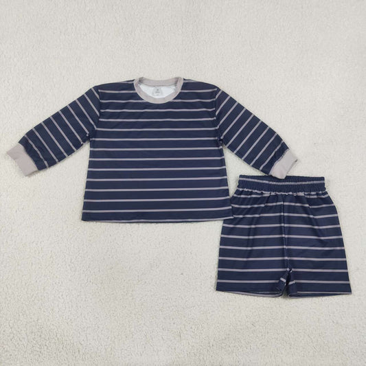 GLS0158 Navy Grey Stripes Print Long Sleeve Top Shorts Kids Yoga Clothes Set