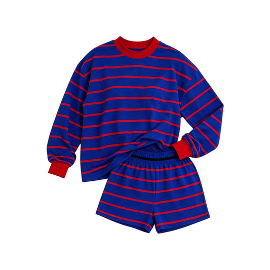 7.6 Preorder Adult Women Purple Red Striped Long Sleeve Top with Shorts Outfit