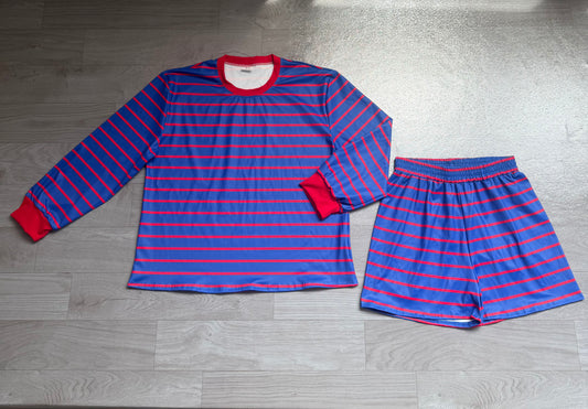 7.6 Preorder Adult Women Purple Red Striped Long Sleeve Top with Shorts Outfit