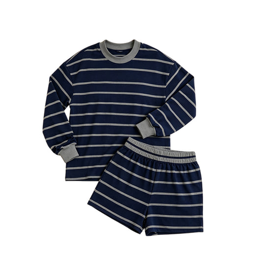 7.6 GLS0161 Preorder Adult Women Black Grey Striped Long Sleeve Top with Shorts Outfit