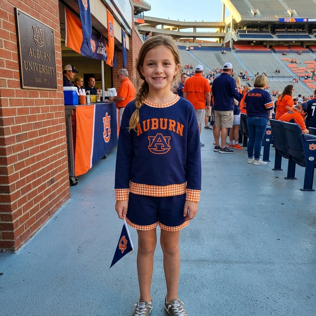 GLS0162 Teams Auburn Vinyl Long Sleeve Top Pockets Shorts Girls Clothes Set