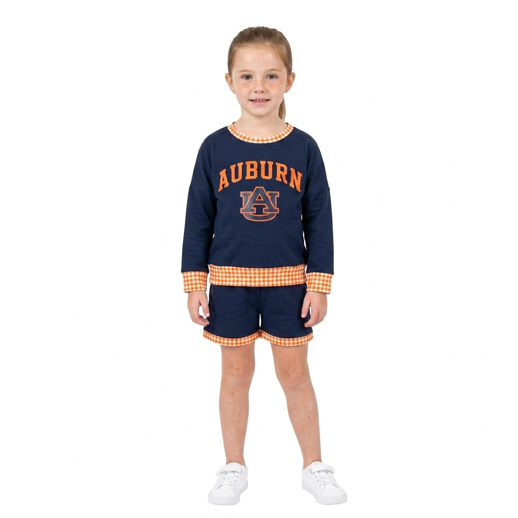 GLS0162 Teams Auburn Vinyl Long Sleeve Top Pockets Shorts Girls Clothes Set
