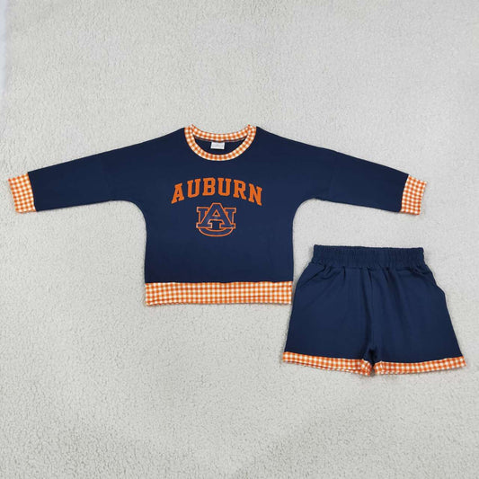 GLS0162 Teams Auburn Vinyl Long Sleeve Top Pockets Shorts Girls Clothes Set
