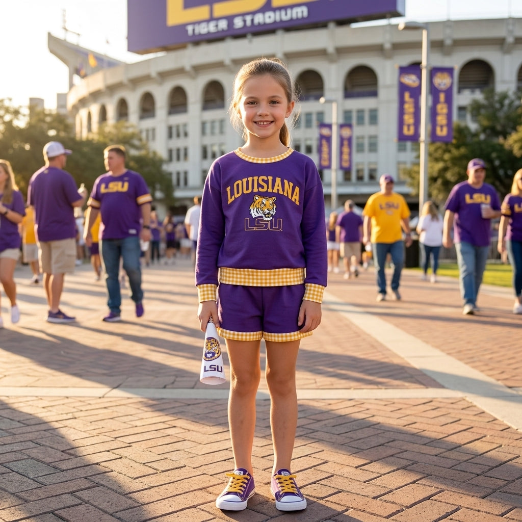 GLS0166 Teams Louisiana Vinyl Long Sleeve Top Pockets Shorts Girls Clothes Set