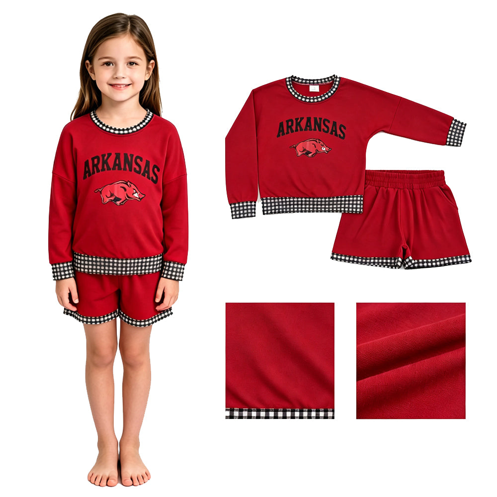 GLS0167 Teams Arkansas Vinyl Long Sleeve Top Pockets Shorts Girls Clothes Set