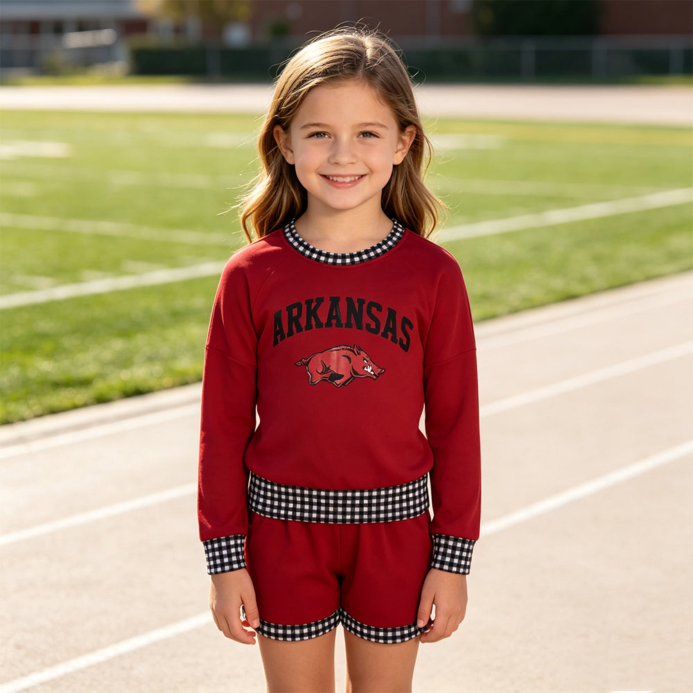 GLS0167 Teams Arkansas Vinyl Long Sleeve Top Pockets Shorts Girls Clothes Set