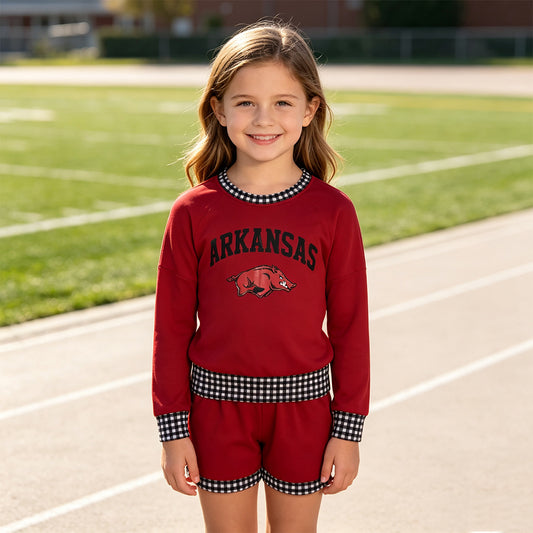 GLS0167 Teams Arkansas Vinyl Long Sleeve Top Pockets Shorts Girls Clothes Set