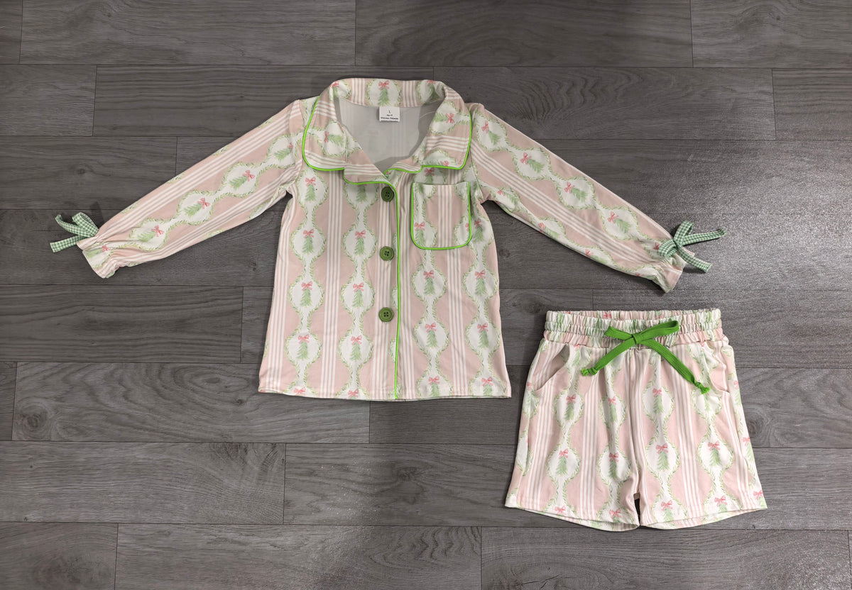 7.16 GLS0171 Preorder Christmas Tree Pink Long Sleeve Top Pockets Shorts Girls Pajamas Clothes Set