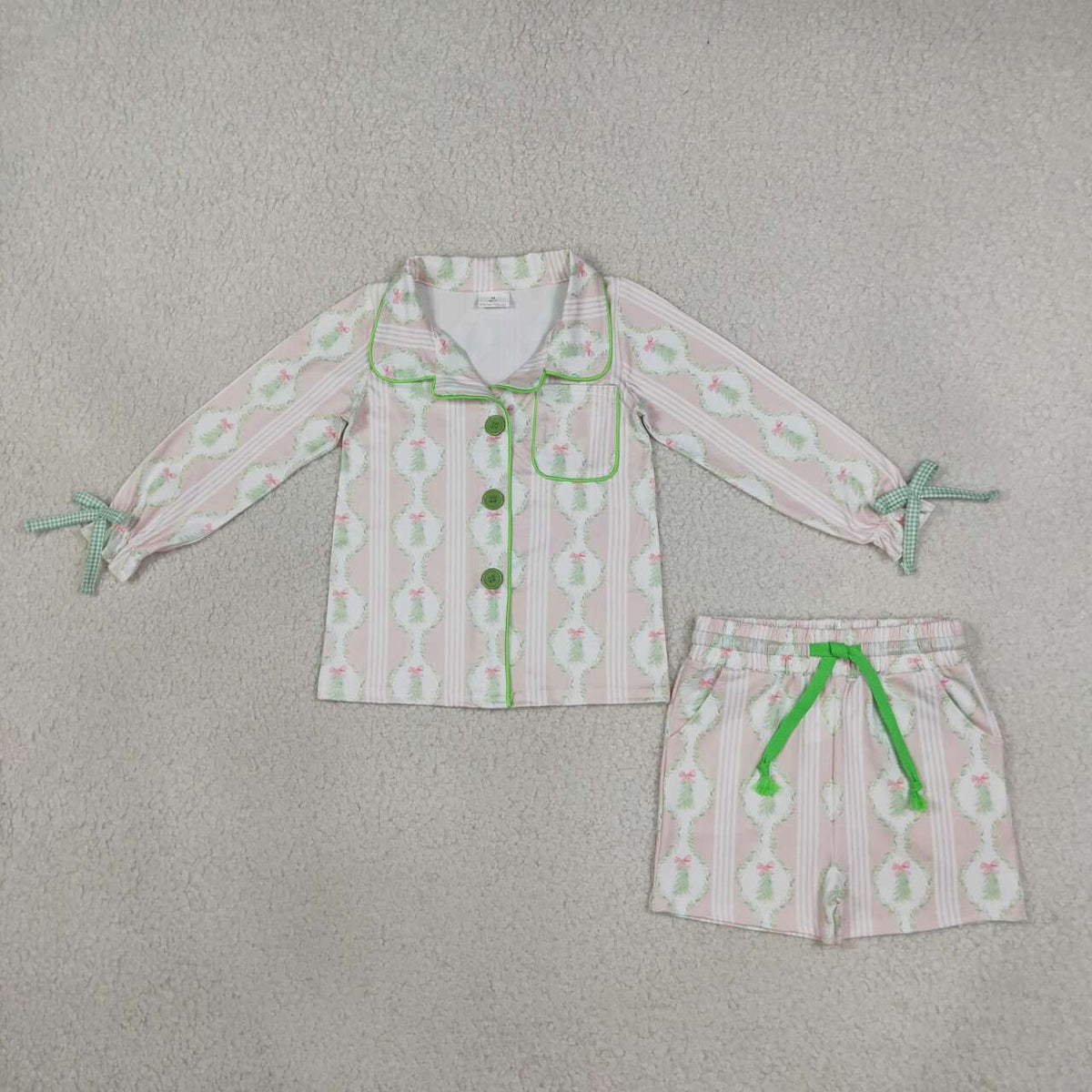 Mommy and Me Christmas Tree Long Sleeve Button Top Shorts Pajama Set with Bow