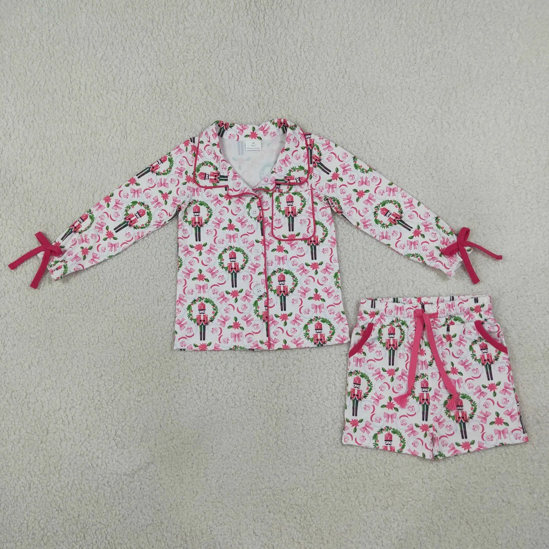 Mommy and Me Holly Soldiers Bows Button Pocket Long Sleeves Short Pajamas Sets