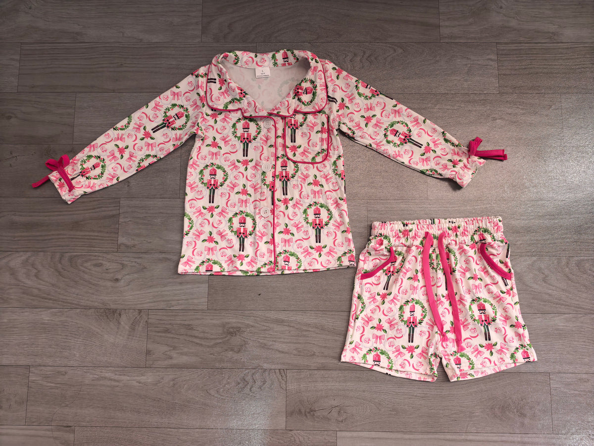 7.16 GLS0173 Preorder Soldier Holly Pink Long Sleeve Top Pockets Shorts Girls Pajamas Clothes Set