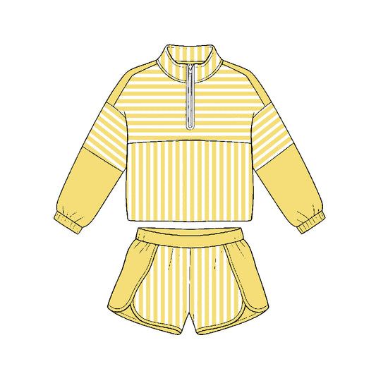 7.21 GLS0174 Preorder Yellow Stripes Print Zipper Top Shorts Girls Yoga Clothes Set