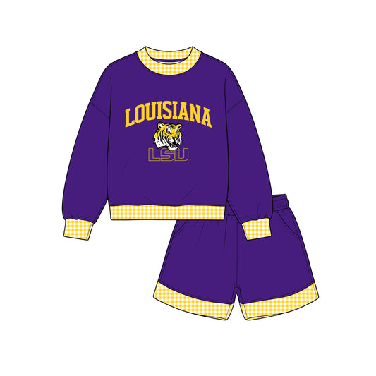 7.25 GLS0179 Preorder Teams LSU Tigers LOUISIANA Long Sleeve Top Pocket Shorts Woman Clothes Set