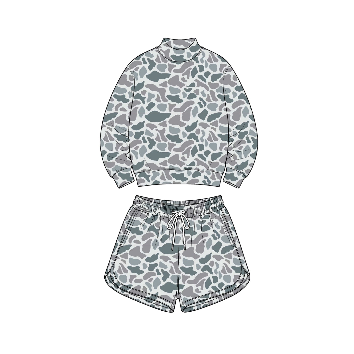 8.1 GLS0184 Preorder Adult Grey Camo Print Long Sleeve Top Pockets Shorts Woman Yoga Clothes Set