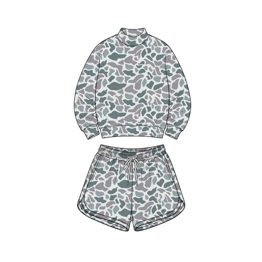 8.1 GLS0184 Preorder Adult Grey Camo Print Long Sleeve Top Pockets Shorts Woman Yoga Clothes Set