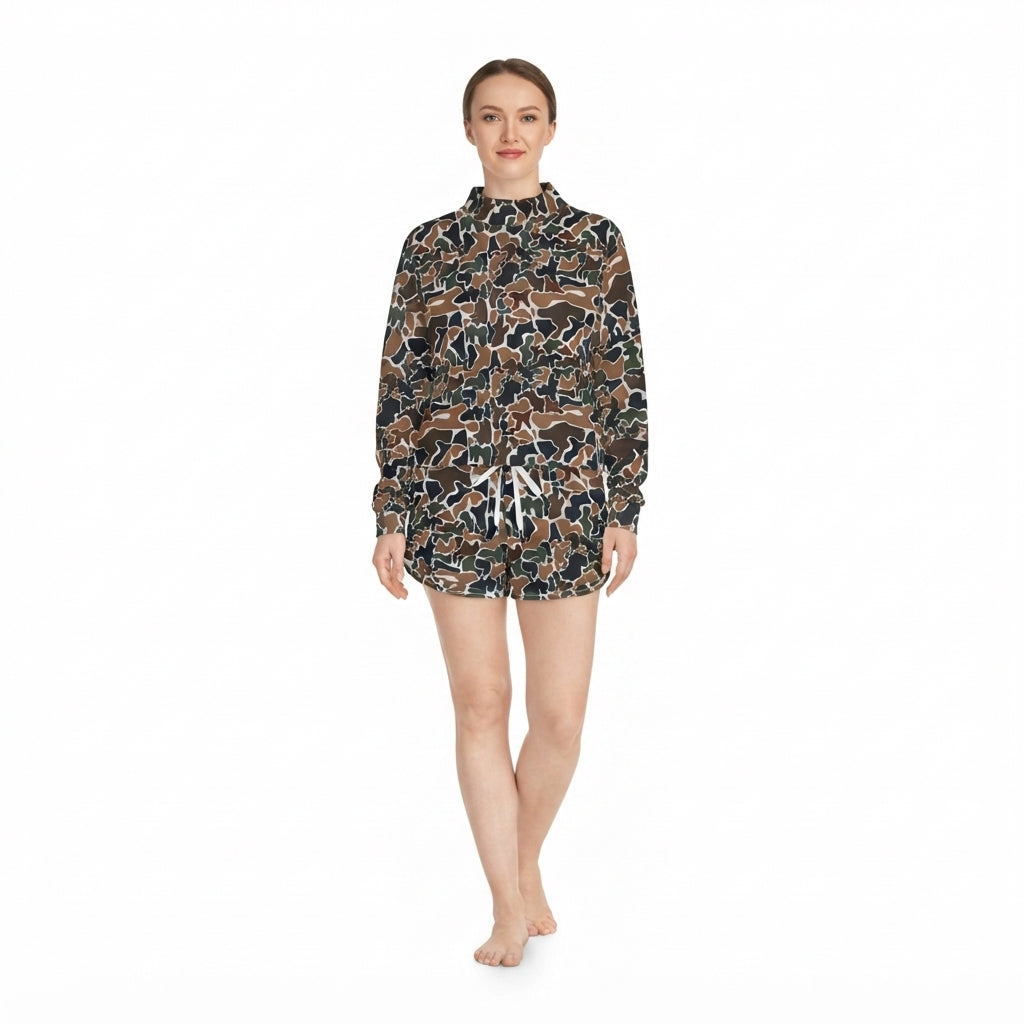 GLS0185 Adult Brown Camo Print Long Sleeve Top Pockets Shorts Woman Yoga Clothes Set