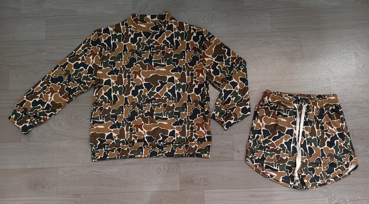 8.1 GLS0185 Preorder Adult Brown Camo Print Long Sleeve Top Pockets Shorts Woman Yoga Clothes Set