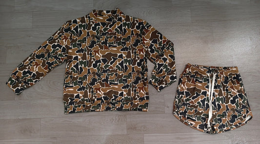 8.1 GLS0185 Preorder Adult Brown Camo Print Long Sleeve Top Pockets Shorts Woman Yoga Clothes Set