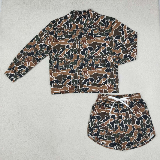 GLS0185 Adult Brown Camo Print Long Sleeve Top Pockets Shorts Woman Yoga Clothes Set