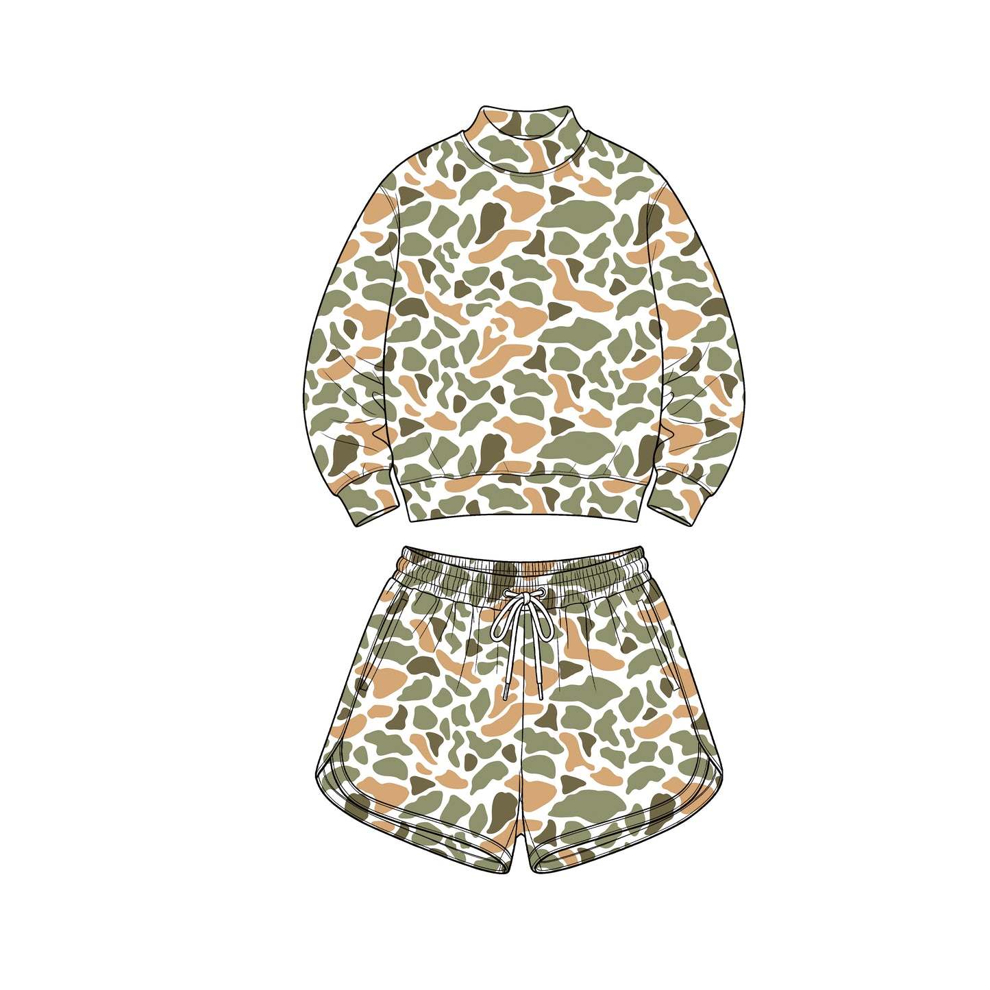8.1 GLS0187 Preorder Adult Orange Green Camo Print Long Sleeve Top Pockets Shorts Woman Yoga Clothes Set
