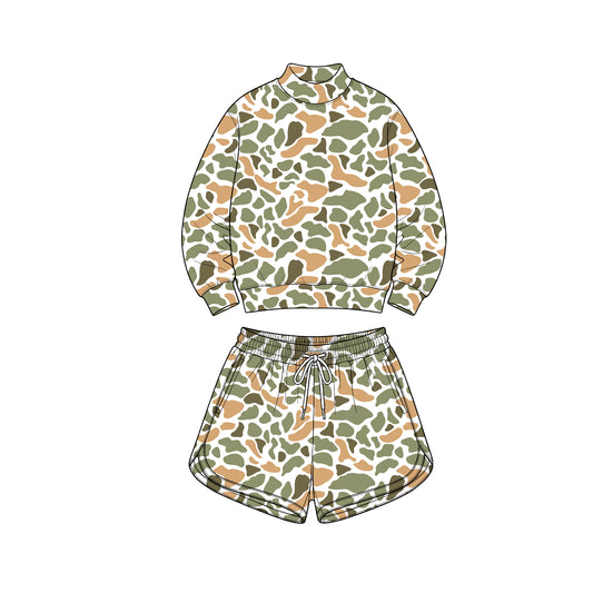 8.1 GLS0187 Preorder Adult Orange Green Camo Print Long Sleeve Top Pockets Shorts Woman Yoga Clothes Set