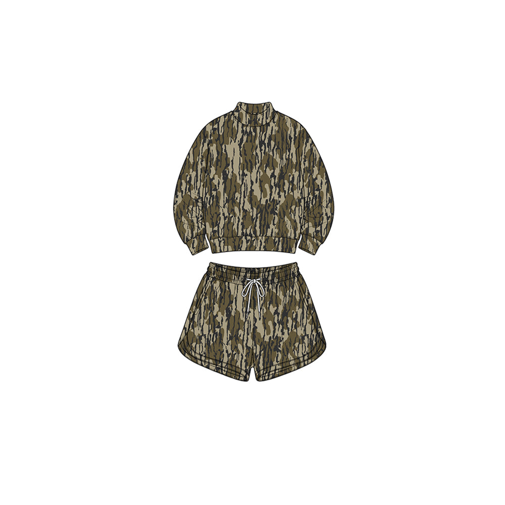 8.1 GLS0188 Preorder Camo Print Long Sleeve Top Pockets Shorts Girls Yoga Clothes Set