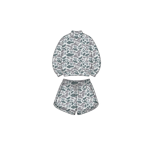 8.1 GLS0189 Preorder Grey Camo Print Long Sleeve Top Pockets Shorts Girls Yoga Clothes Set