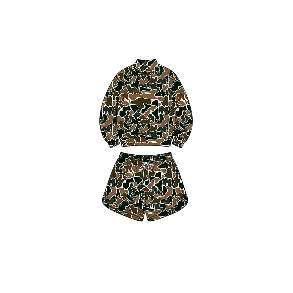 8.1 GLS0190 Preorder Brown Camo Print Long Sleeve Top Pockets Shorts Girls Yoga Clothes Set