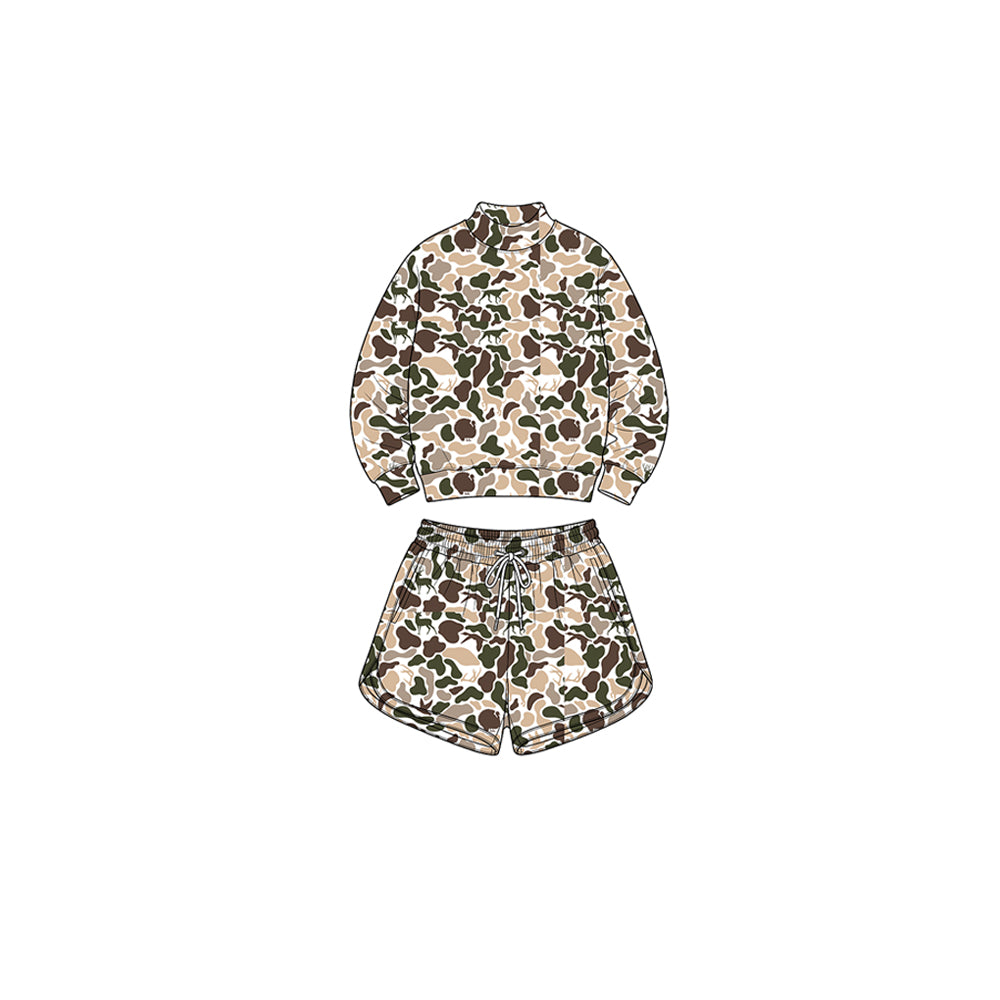 8.1 GLS0191 Preorder Brown Khaki Camo Print Long Sleeve Top Pockets Shorts Girls Yoga Clothes Set