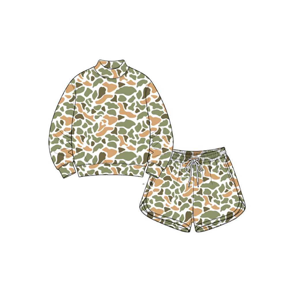 8.1 GLS0192 Preorder Orange Green Camo Print Long Sleeve Top Pockets Shorts Girls Yoga Clothes Set