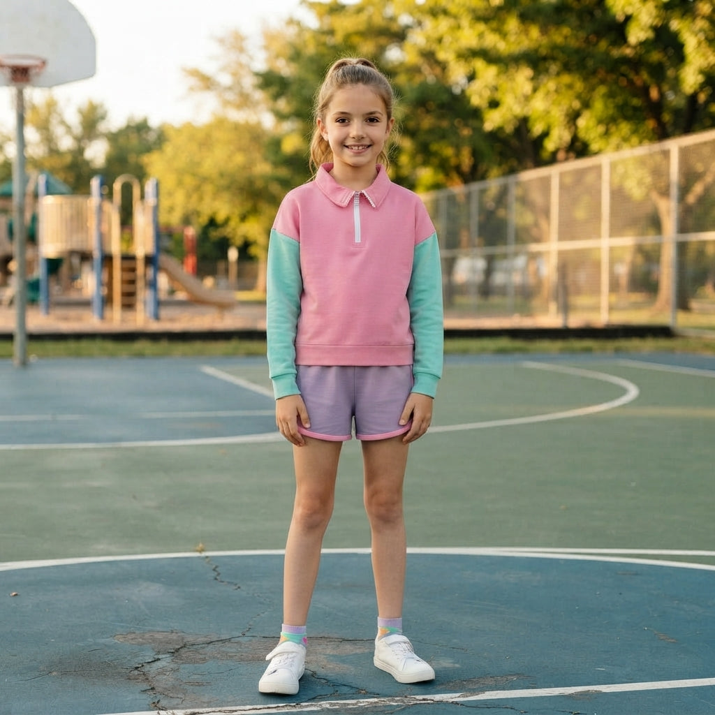 GLS0193 Color Block Half Zip Pullover Long Sleeve Top & Contrast Binding Dolphin Shorts Girls 2Pcs Cotton Outfit Set