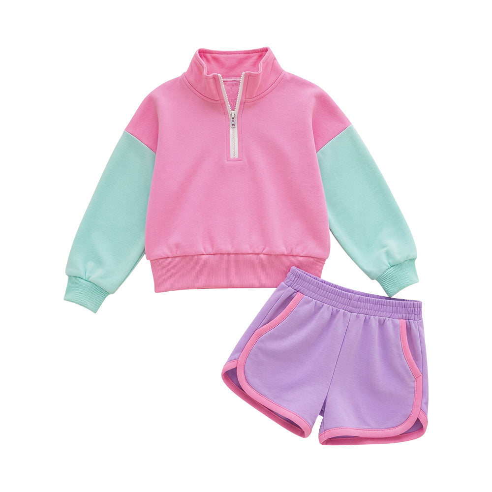 8.1 Preorder  Kids Girls  ink Mint Color Block Half Zip Pullover Top With Purple Shorts Outfit