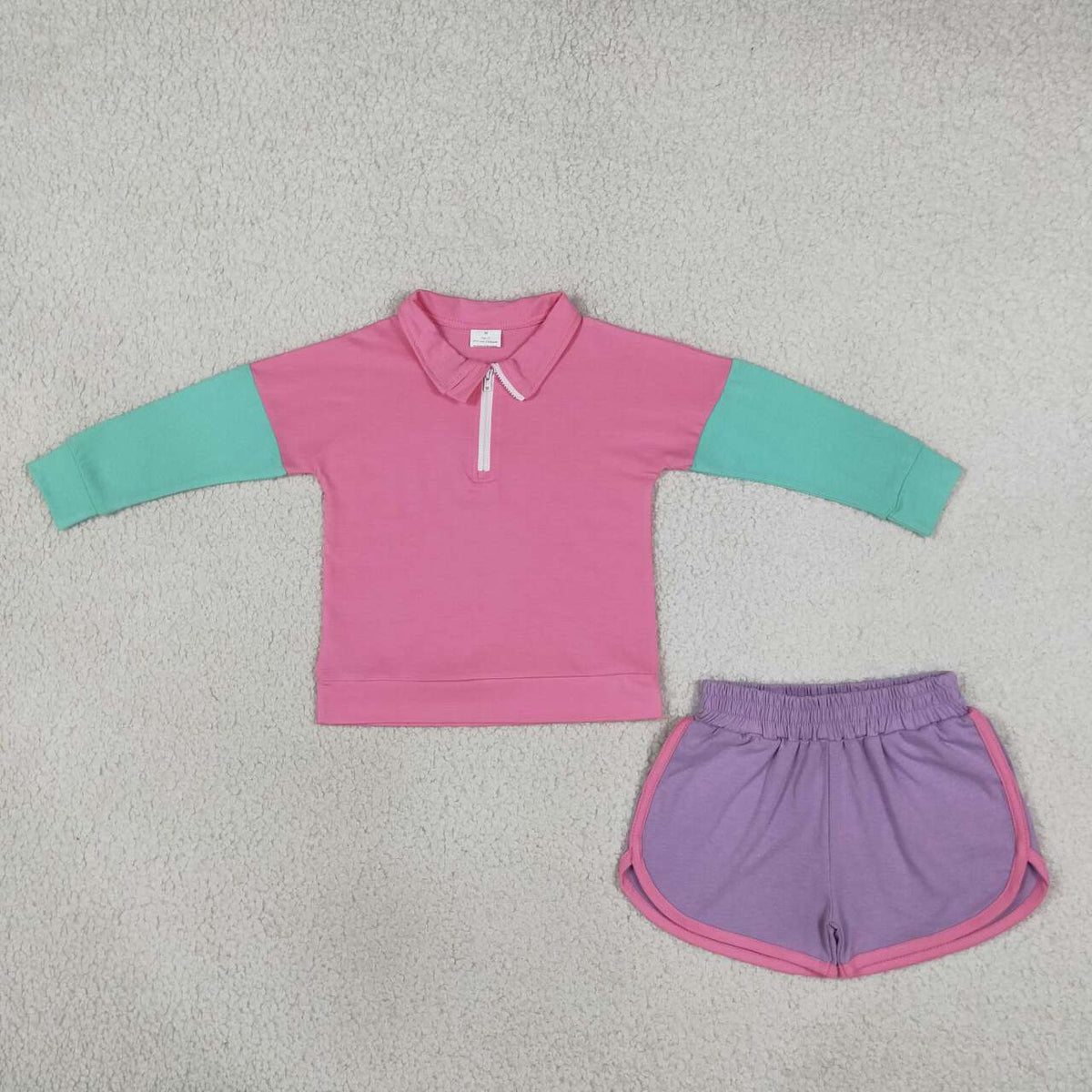 GLS0193 Color Block Half Zip Pullover Long Sleeve Top & Contrast Binding Dolphin Shorts Girls 2Pcs Cotton Outfit Set