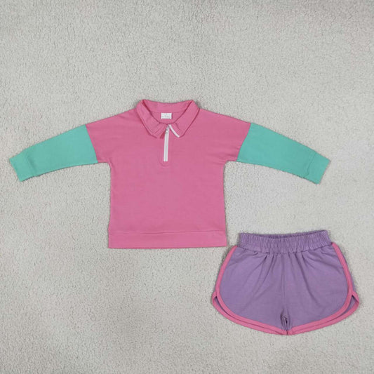 GLS0193 Color Block Half Zip Pullover Long Sleeve Top & Contrast Binding Dolphin Shorts Girls 2Pcs Cotton Outfit Set